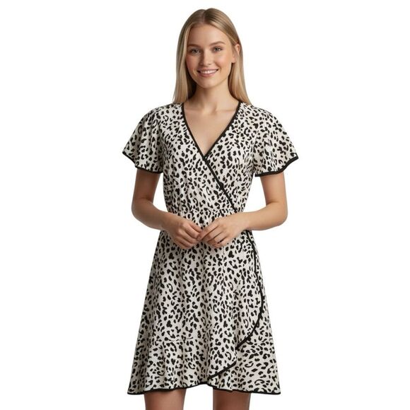 Slate & Willow Black Animal Print Piping Wrap Mini Dress - Picture 1 of 7